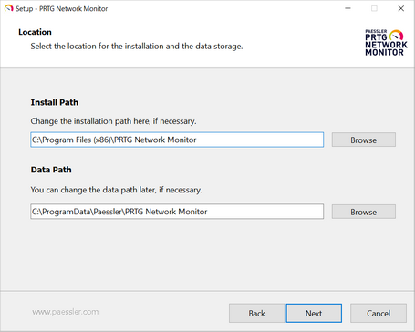 Setup Dialog: Location for Installation and Data Storage